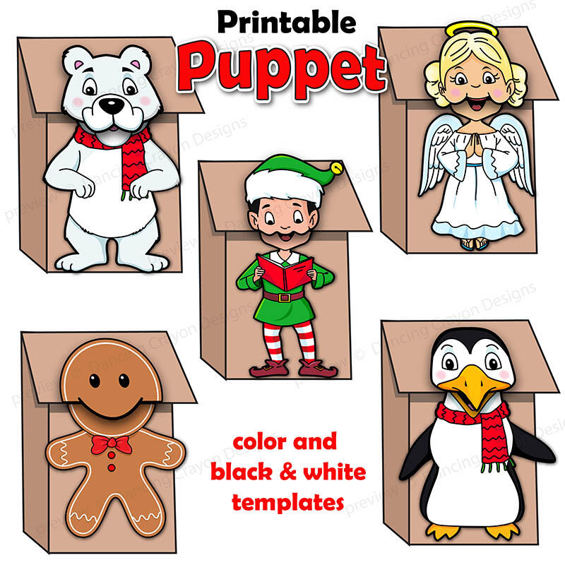 Christmas paper bag puppets by Dancing Crayon Designs