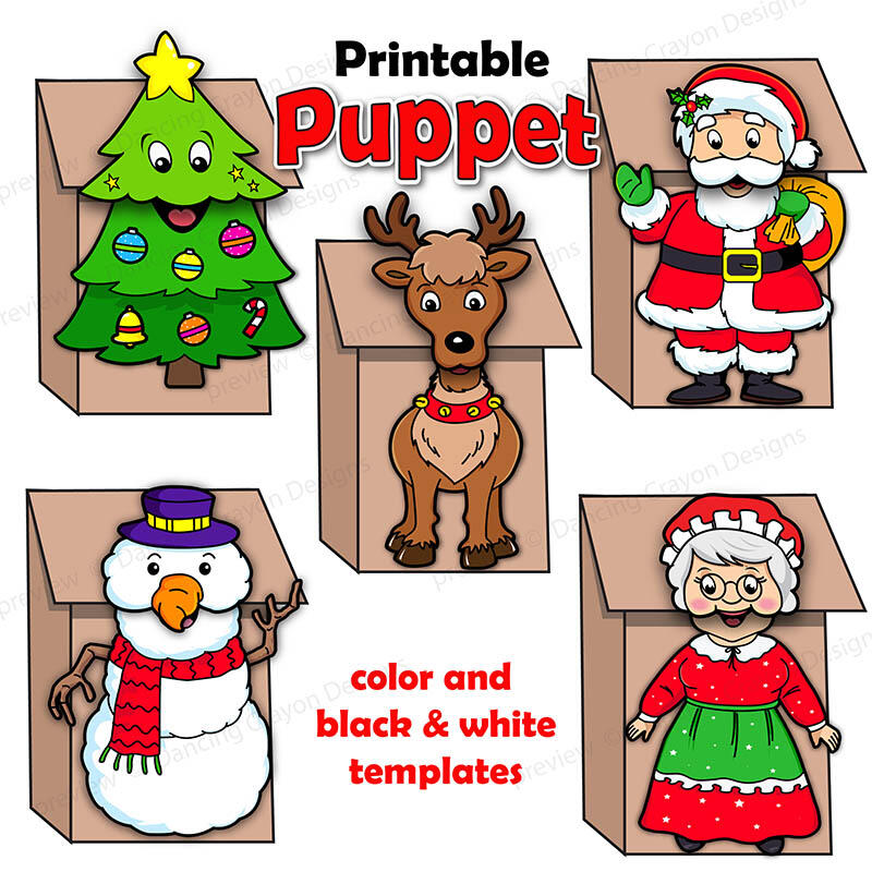 Printable Christmas paper bag puppets by Dancing Crayon Designs